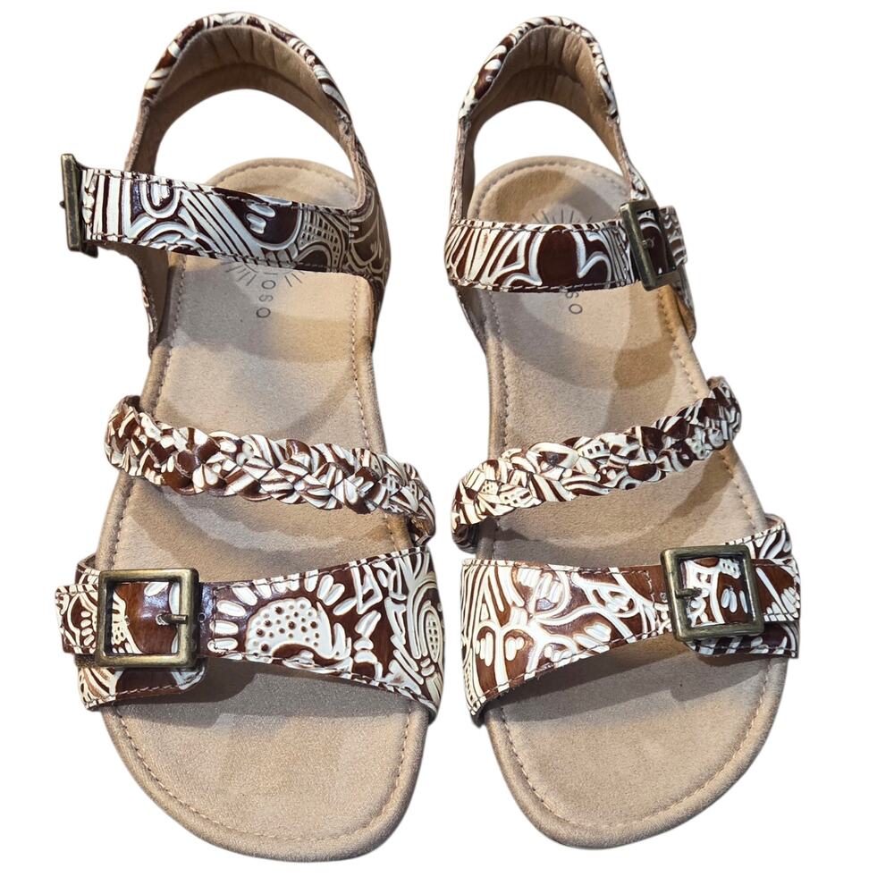 Brioso Solera Sandals Tooled Leather, Adjustable Brown & White sz 8.5 New Floral